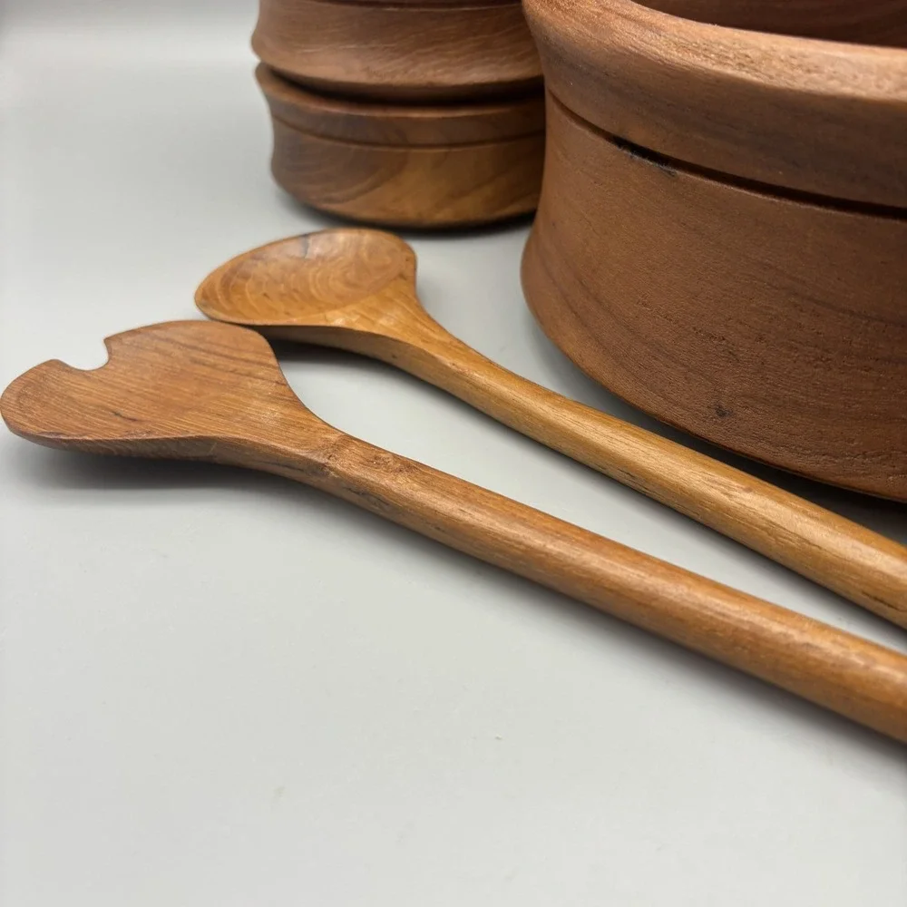 Vintage Genuine Teak Wood 7pc Set From Thailand Salad Bowl & Serving Bowls MCM